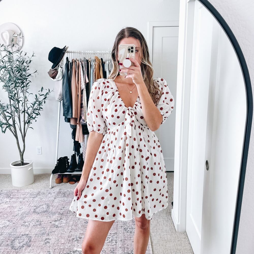 Abercrombie‎ White Brown Polka Dot Puff Sleeve Mini Dress